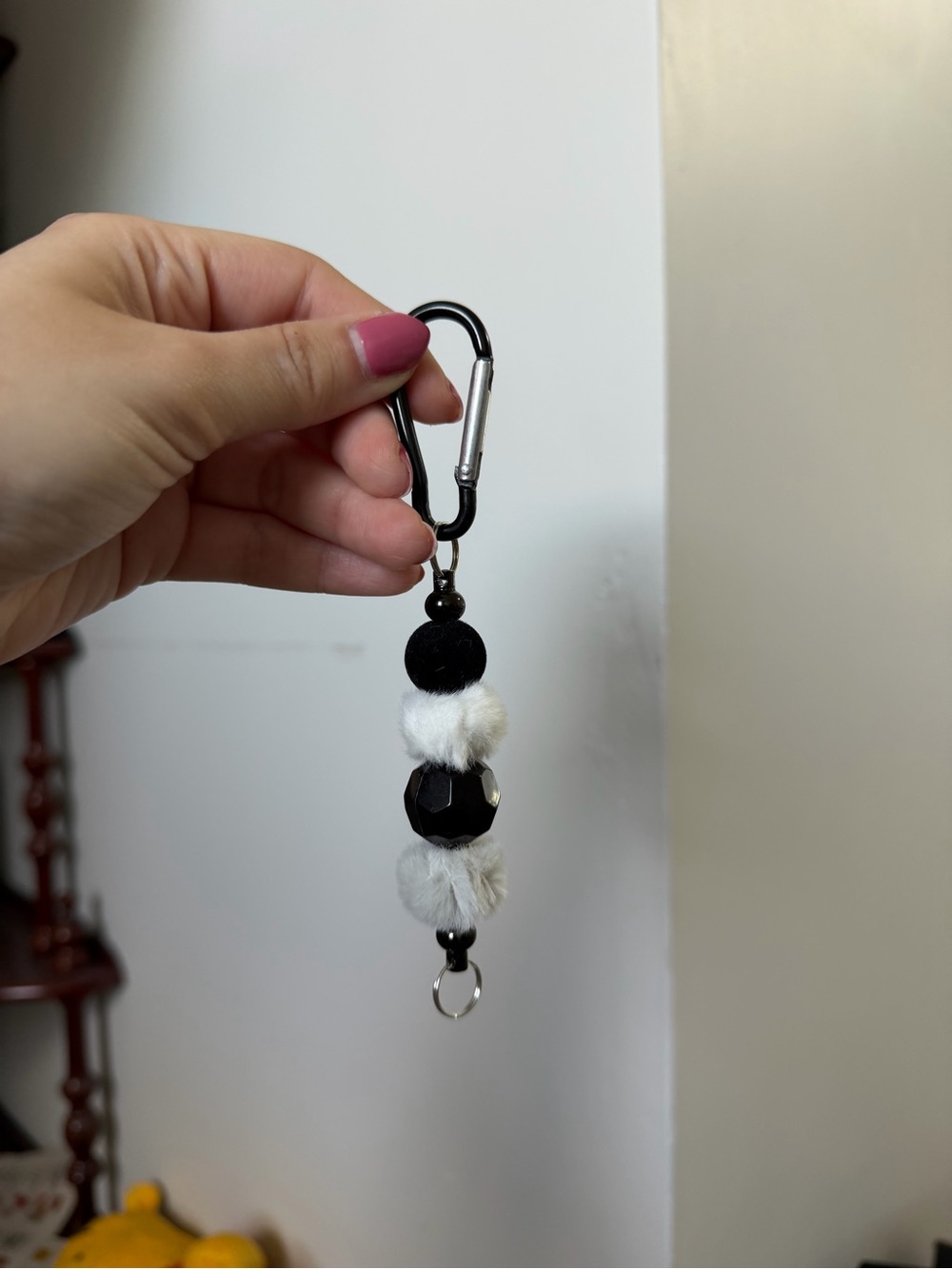 Black and White Pom Pom Beaded Keychain Clip